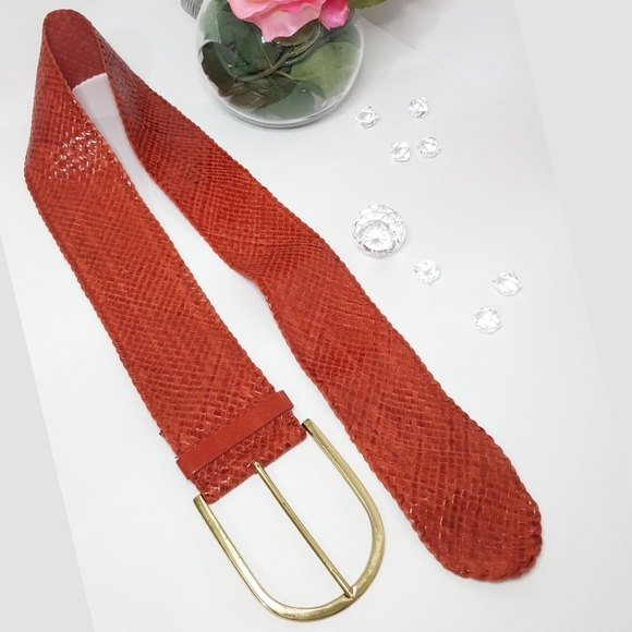 90's-Y2K❤Big Golden Buckle Leather Belt| Red Wide High Waist|Weaved - Picture 3 of 8